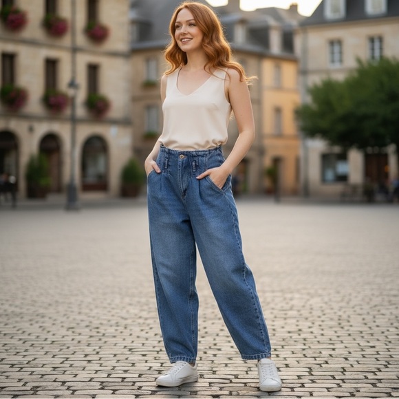 ZARA Paperbag Waist Tapered Jeans | High‎ Rise Blue Denim | Women’s 4 - Picture 4 of 13